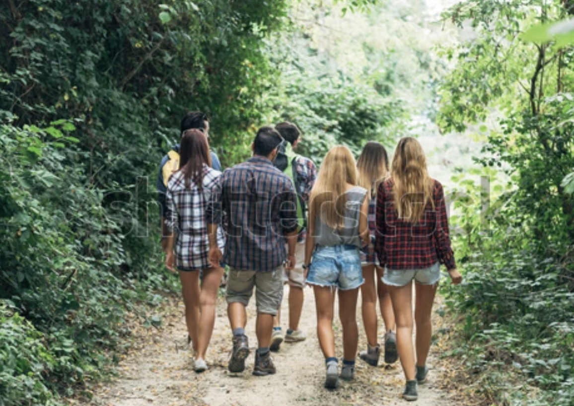 Young people walking through woods