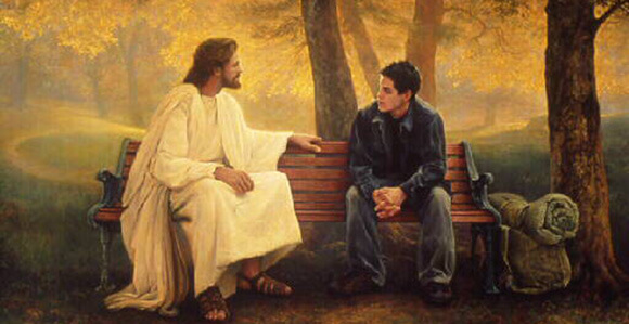 Jesus sitting on bench counseling a young man